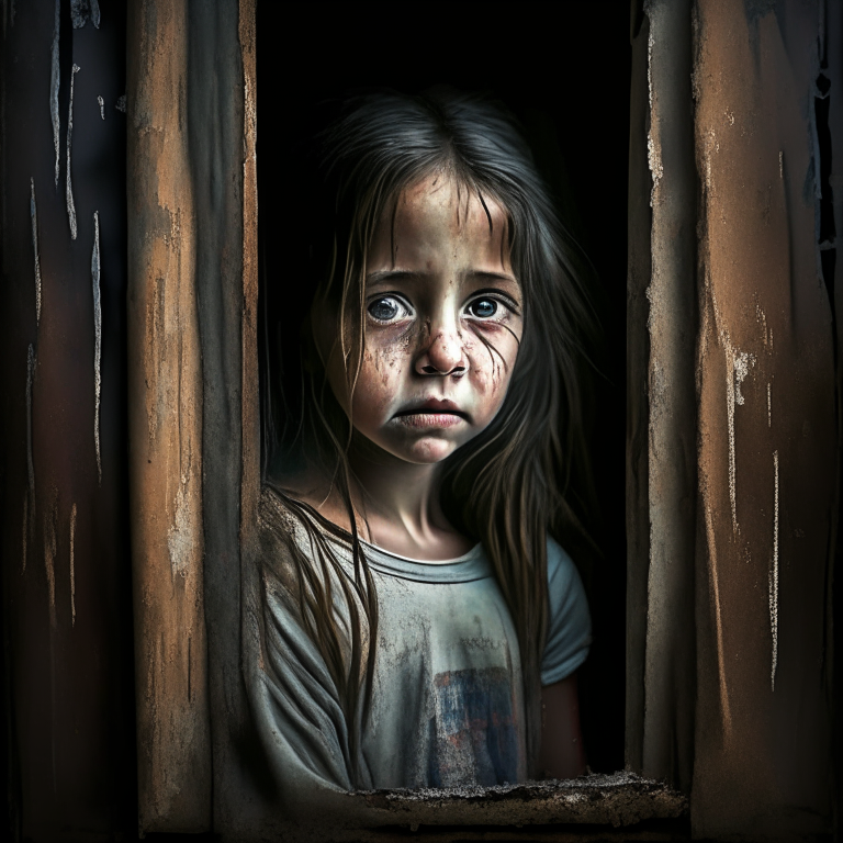 A portrait of a beautiful 8-year-old girl wearing a worn-out T-shirt, tears streaming down her face, looking through the window frame of an old warehouse. Her hands gripping onto the edges of the frame.
