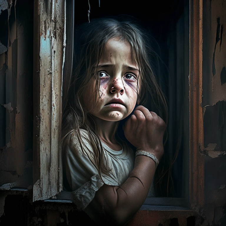 A portrait of a beautiful 8-year-old girl wearing a worn-out T-shirt, tears streaming down her face, looking through the window frame of an old warehouse. Her hands gripping onto the edges of the frame.