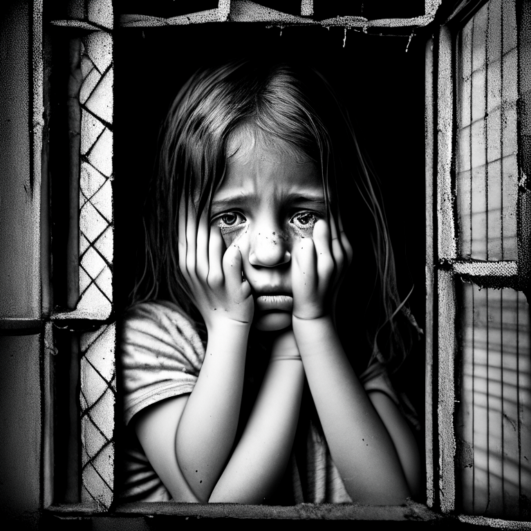 A portrait of a beautiful 8-year-old girl wearing a worn-out T-shirt, tears streaming down her face, looking through the window frame of an old warehouse. Her hands firmly gripping the two corners of the window frame, which is designed with four diagonal bars, resembling the pattern of a chessboard.