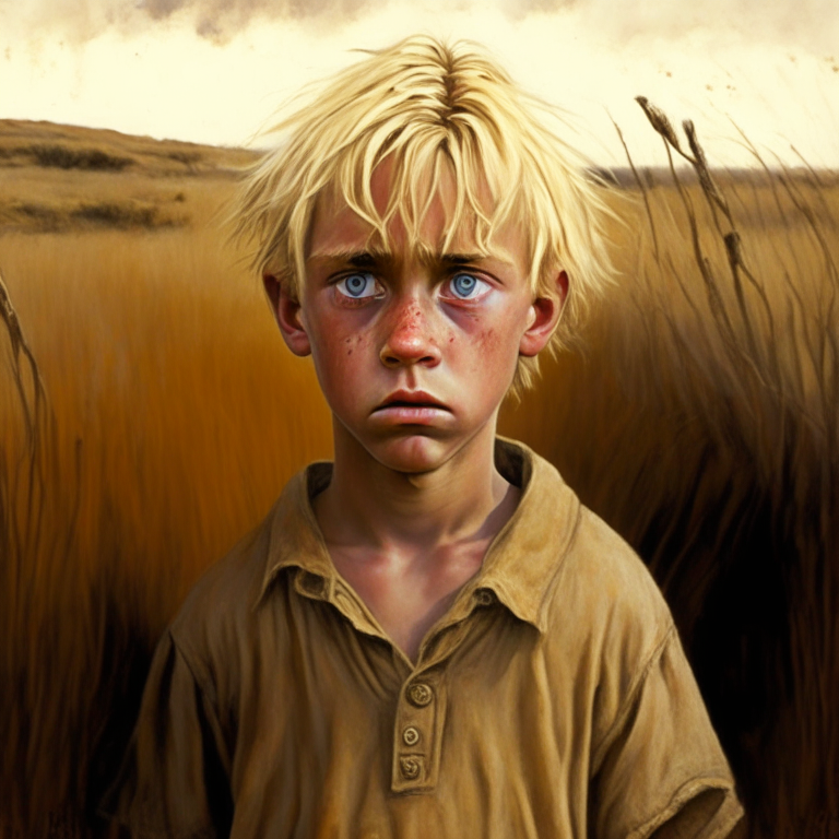 1 boy with blond hair, wearing an old tattered brown shirt, standing in the moor, eyes desperate, scared