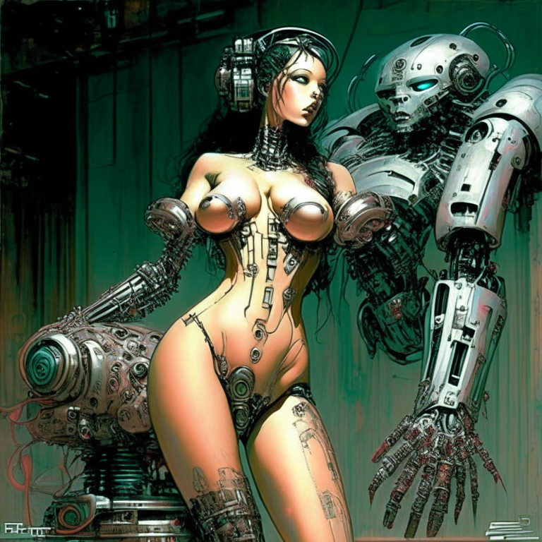 Generate a one of a kind Todd McFarlane's artwork of a voluptuous female robot serving her master in the year 3045.