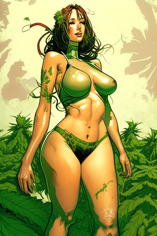 Generate a one of a kind Todd McFarlane's artwork of a voluptuous female farmer wearing skimpy outfit, growing cannabis in Denmark, in the year 3045.