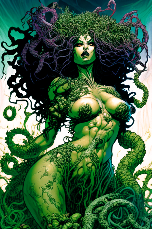 Generate a one of a kind Todd McFarlane's artwork of a voluptuous female Medusa wearing skimpy outfit, growing cannabis in a Hades's world , in the year 3045.