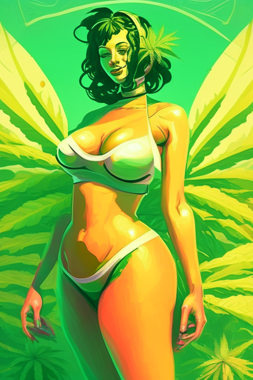 Generate a one of a kind Picasso's artwork of a voluptuous female farmer wearing skimpy outfit growing cannabis plants in a futuristic world sometime in the year 3025.