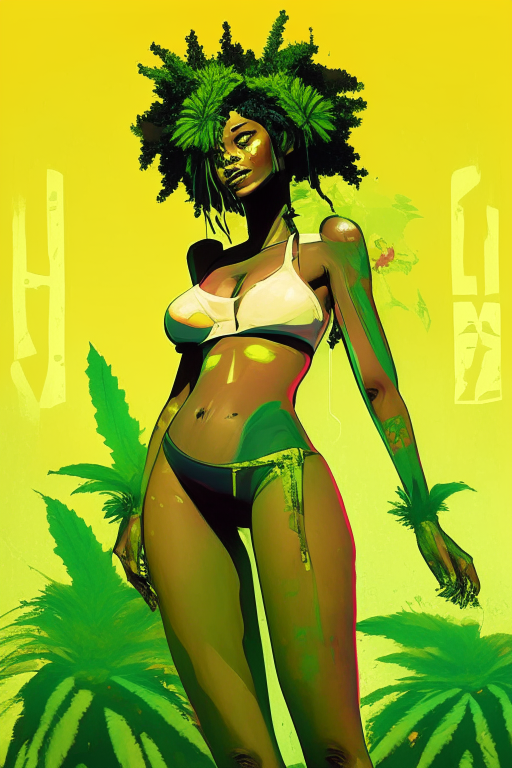 Generate a one of a kind Basquiat's artwork of a voluptuous female farmer wearing skimpy outfit growing cannabis plants in a futuristic world sometime in the year 3025.