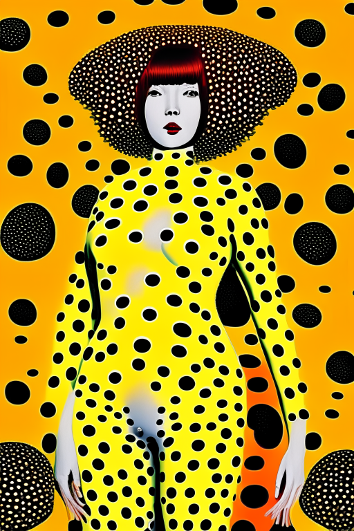 Generate a one of a kind Yayoi Kusama artwork of a voluptuous female farmer wearing skimpy outfit growing cannabis plants in a futuristic world sometime in the year 3025.