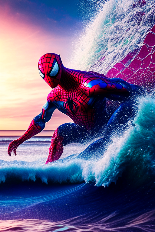 Spiderman Surfing on beach , big wave , ultra realistic, high textures ,hdr