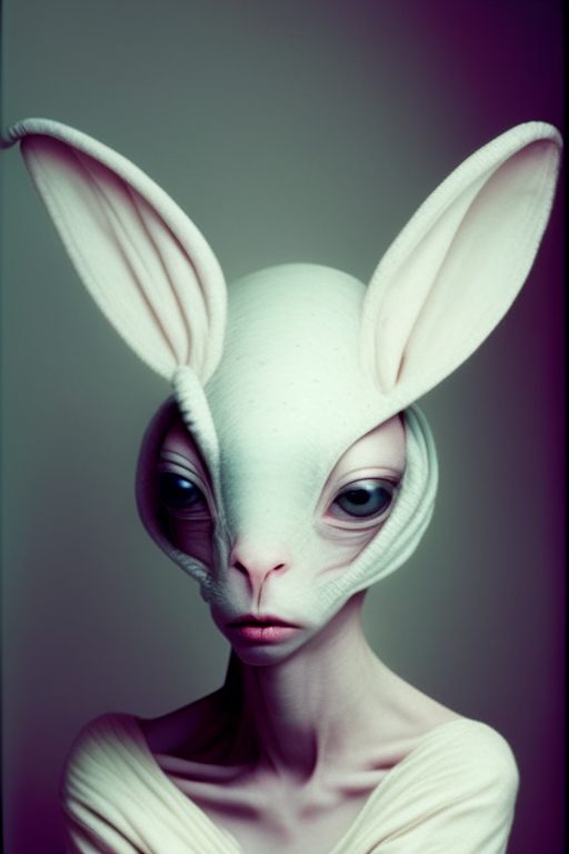 an alien from space in a bunny hat, beautiful and realistic portrait from Vogue
