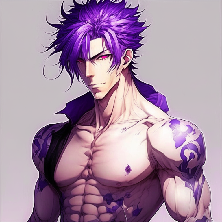 Handsome anime man purple eyes purple hair and tall , and strong body”