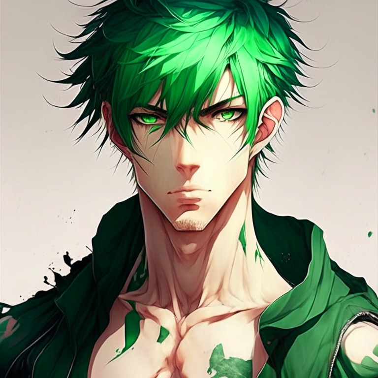 Handsome anime man green eyes green hair and tall , and strong body”