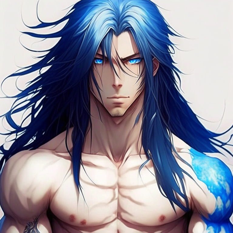 Handsome anime man blue eyes blue long hair and tall , and strong body”