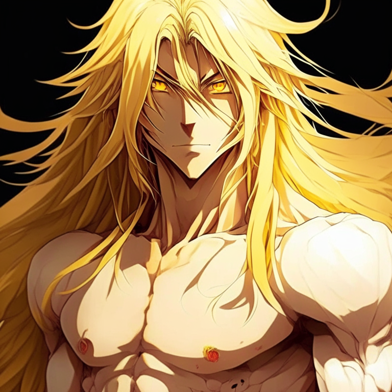 Handsome anime man  yellow eyes yellow long hair and tall , and strong body”