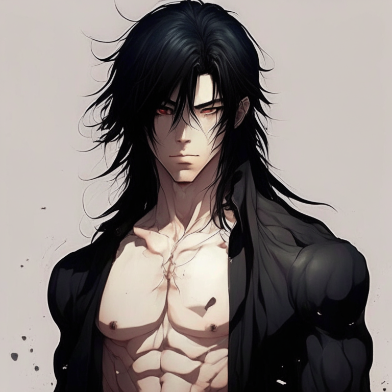 Handsome anime man  black eyes  black long hair and tall , and strong body”