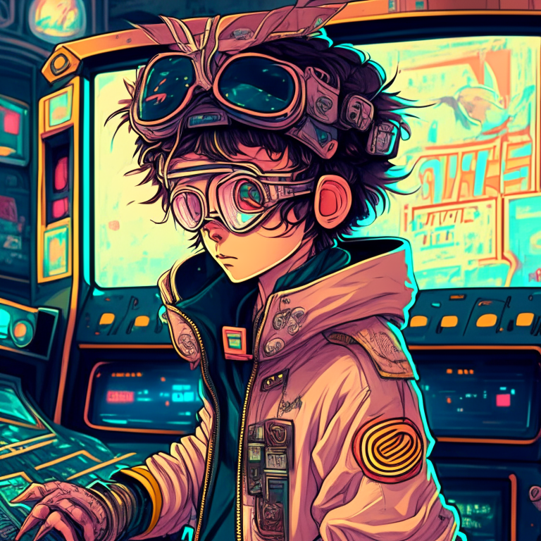 Vintage 90's anime style, retro.anime teenager boy with bandage on nose wearing steampunk goggles wearing hoodie, in a arcade, sci-fi., surreal.