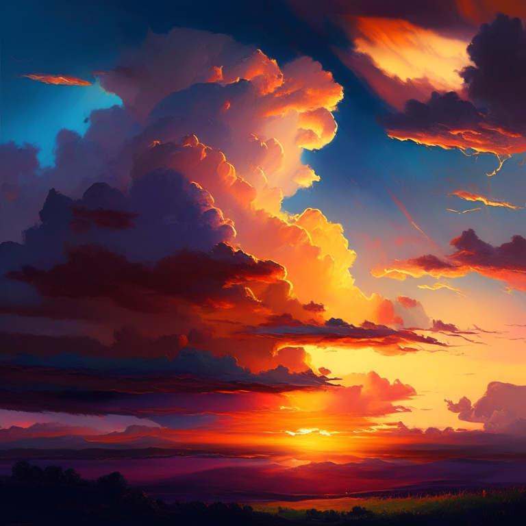 Clouds and wonderful landscape with the sun colors in sunset, hard detail