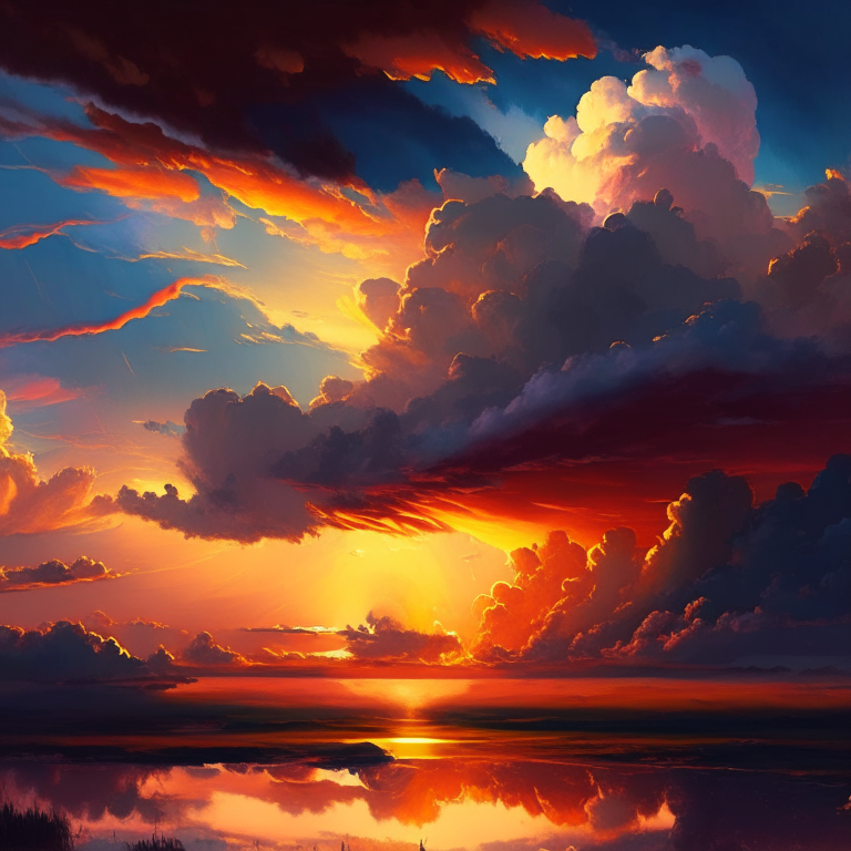 Clouds and wonderful landscape with the sun colors in sunset, hard detail