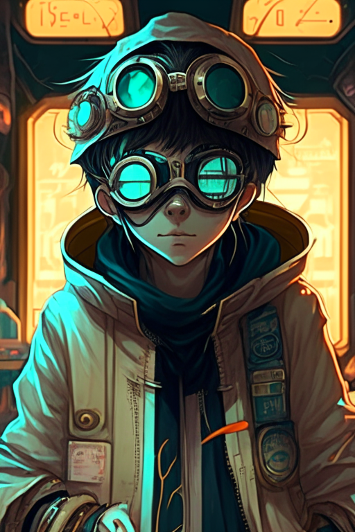  anime style, retro.anime teenager boy with bandage on nose wearing steampunk goggles wearing hoodie, in a arcade, sci-fi., surreal.