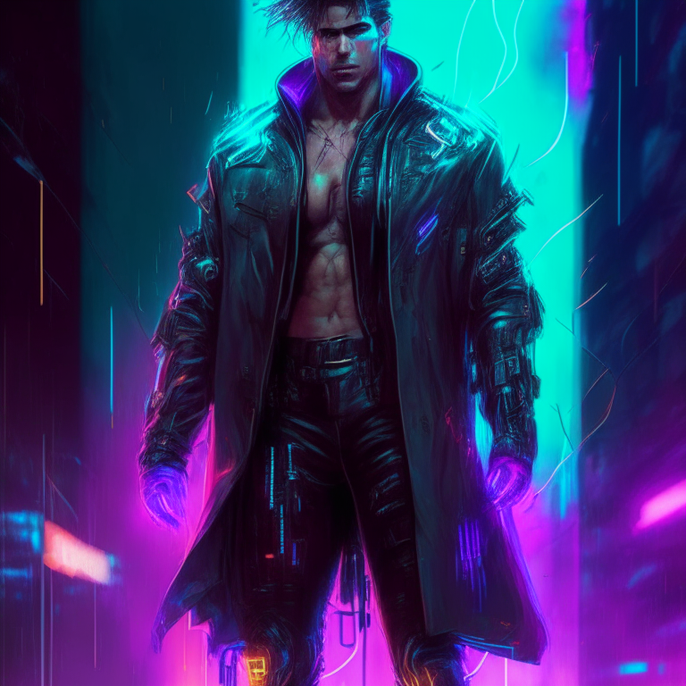 tom cruise, loish, jeremy mann, full body shot, character sheet, lightningwave, 3d, cgi, glowing neon, cyberpunk, streetwear outfit, neon city
