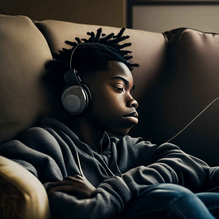 A young black teenager sitting on the couch with headphones on
