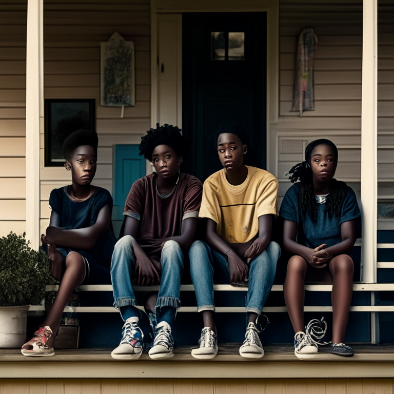 Av group of young black teenagers sitting on the porch