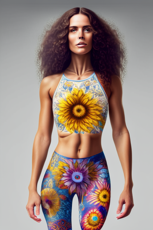 a beautiful woman wearing leggings with a flower-power hippie design and a battik crop top