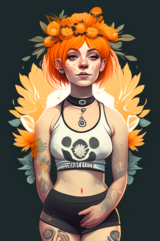 a beautiful young female yoga teacher with short orange hair and flower wreath, with perfect cute face with freckles and piercings. she is wearing leggings with a flower-power hippie design and a cannabis crop top and black sneakers