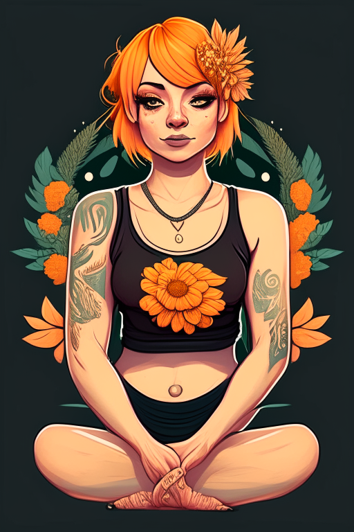 a beautiful young female yoga teacher with short orange hair and flower wreath, with perfect cute face with nose and lip piercings. she is wearing leggings with a flower-power hippie design and a cannabis crop top and black sneakers