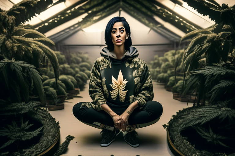 a beautiful young female yoga teacher with short black hair and a flower wreath, wearing leggings with a beige camouflage design and a cannabis hoodie and black sneakers, standing in a grow room surrounded by massive cannabis plants