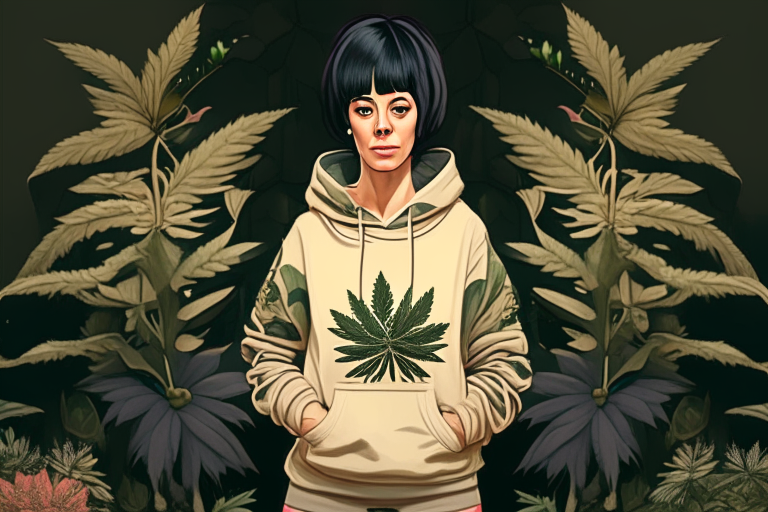 a highly-detailed beautiful young female yoga teacher with short black hair and flower wreath, wearing leggings with a beige camouflage design and a cannabis hoodie and black sneakers, standing in a grow room surrounded by massive cannabis plants, with perfect cute face with piercings