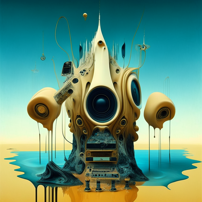 a surreal masterpiece inspired by Salvador Dali, featuring a melting synthesizer and two loudspeakers