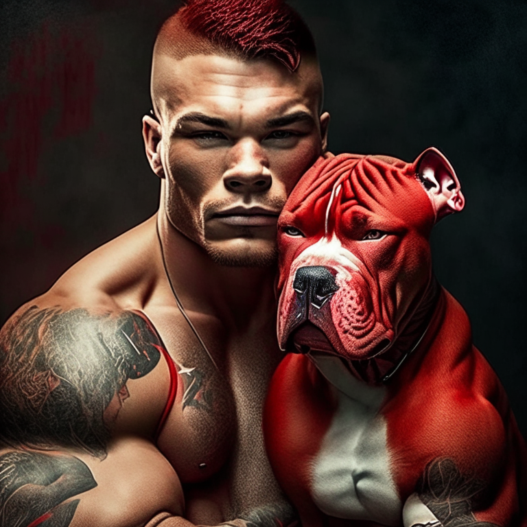 Handsome fighter with his red Pitbull 