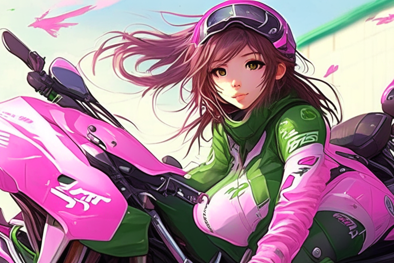 Beautiful Korean anime girl with her pink Kawasaki motorcycle 