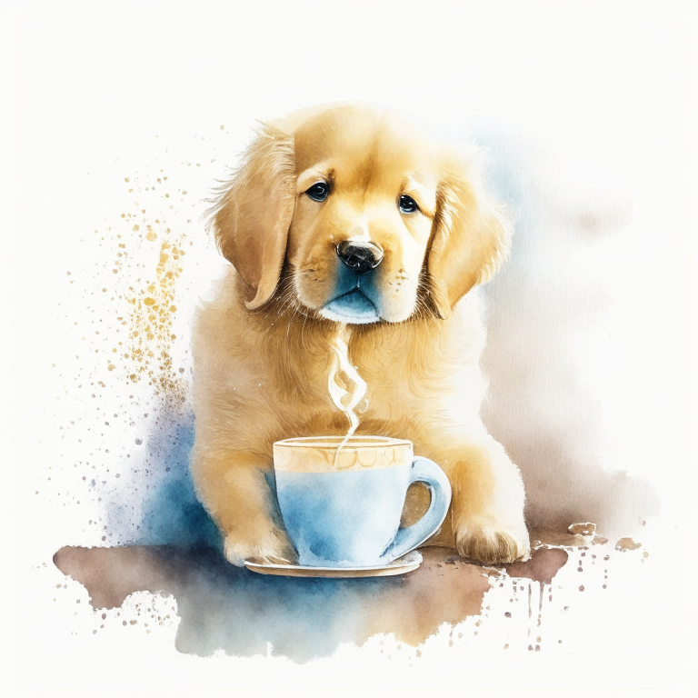 a Golden Retriever puppy drinking a latte with heart-shaped art, in a watercolor painting style