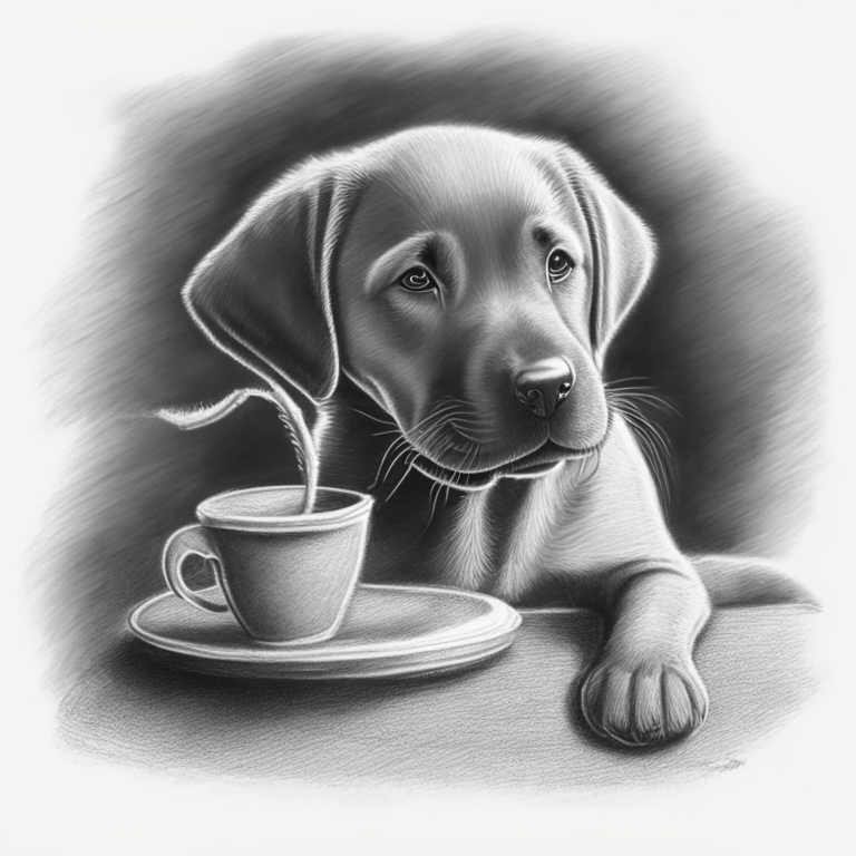 a Labrador Retriever puppy drinking a latte with heart-shaped art, in a charcoal sketch style