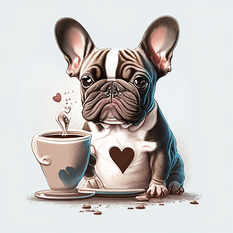 a French Bulldog puppy drinking a latte with heart-shaped art, in a digital illustration style