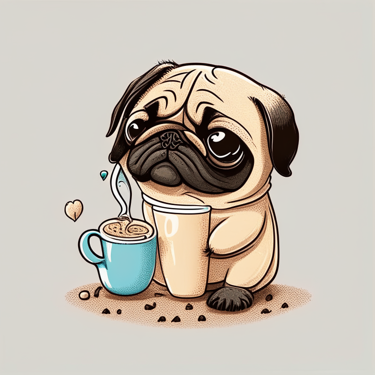 a Pug puppy drinking a latte with heart-shaped art, in a cartoon drawing style