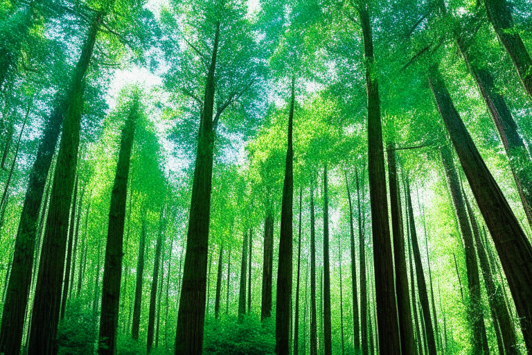 A lush green forest with tall trees and a clear blue sky