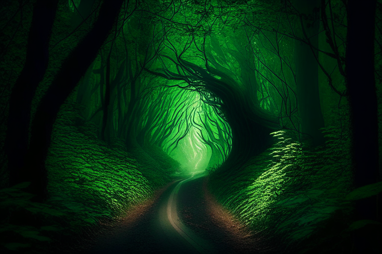 A hidden road winding through a dense forest of light and dark green trees