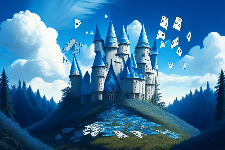 A castle made of playing cards in a forest with a blue sky and clouds