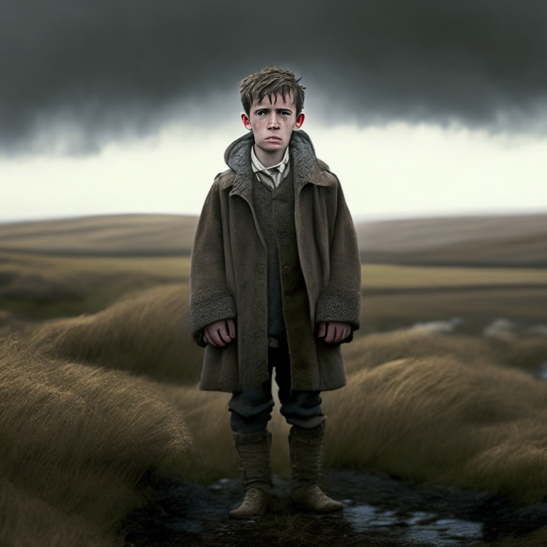 1 handsome poor boy standing on the moor