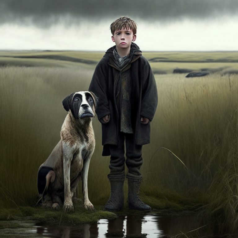 1 handsome poor boy standing in the moor, next to the dog