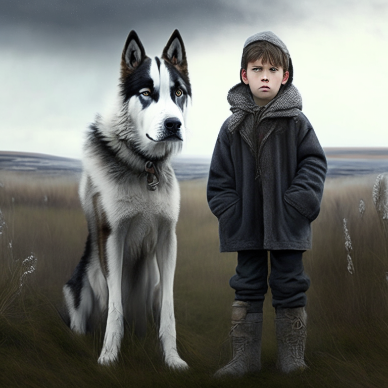 1 handsome poor boy standing in the moor, next to the dog husky