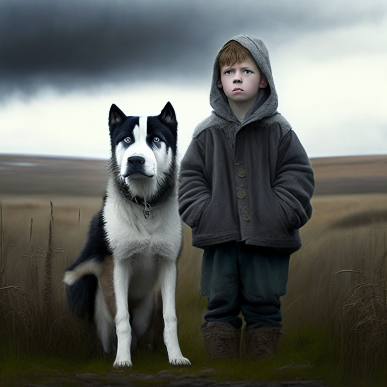 1 handsome poor boy standing in the moor, next to the dog husky mini