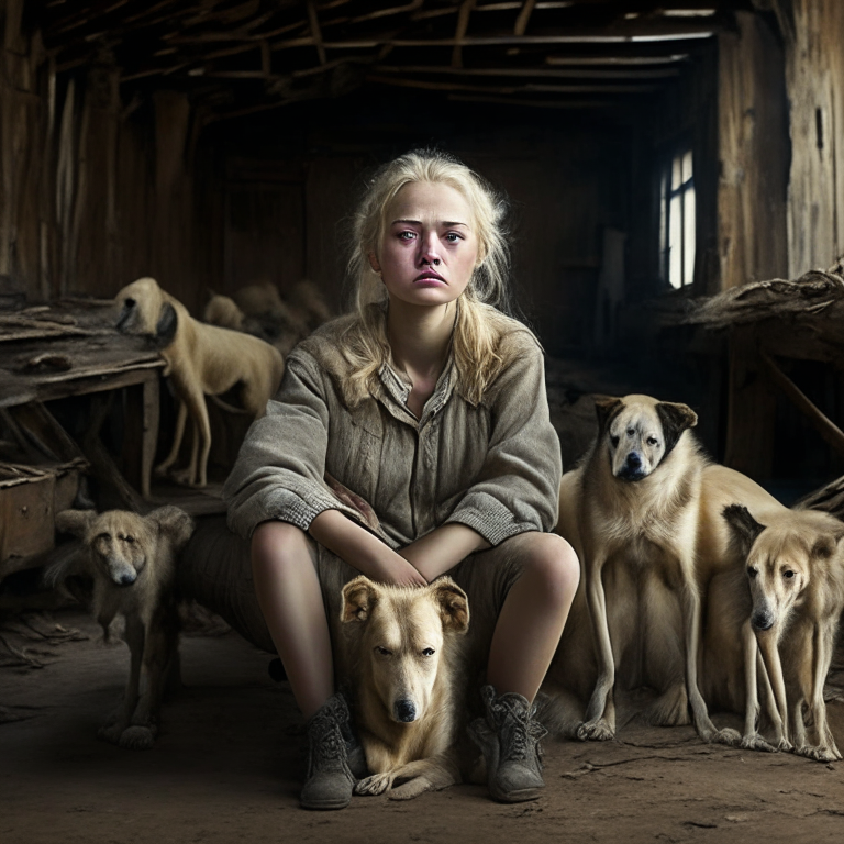 A short blonde girl who resembles Oxana Malaya, is sitting on a chair in an old barn surrounded by a pack of wild dogs. tired face