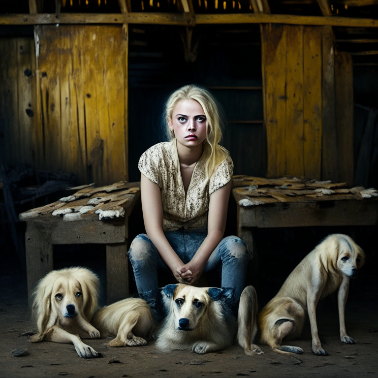 A short blonde girl who resembles Oxana Malaya, is sitting on a chair in an old barn surrounded by a pack of wild dogs. tired face. evenly colored glitter eyes