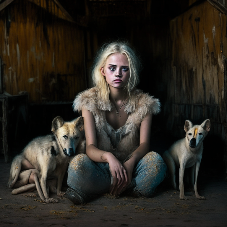 A short blonde girl who resembles Oxana Malaya, is sitting on a chair in an old barn surrounded by a pack of wild dogs. tired face. evenly colored glitter eyes