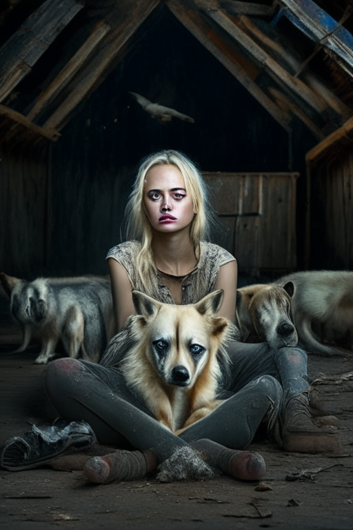 A short blonde girl who resembles Oxana Malaya, is sitting on a chair in an old barn surrounded by a pack of wild dogs. tired face. evenly colored glitter eyes