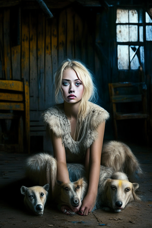 A short blonde girl who resembles Oxana Malaya, is sitting on a chair in an old barn surrounded by a pack of wild dogs. tired face. evenly colored glitter eyes