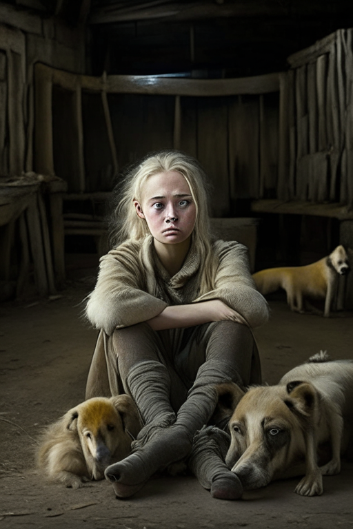 A short blond girl who resembles Oxana Malaya, is sitting on a chair in an old barn surrounded by a pack of wild dogs. tired face.