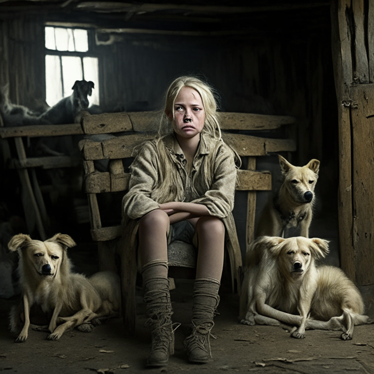 A short blond girl who resembles Oxana Malaya with a tired face is sitting on a chair in an old barn surrounded by a pack of wild dogs.